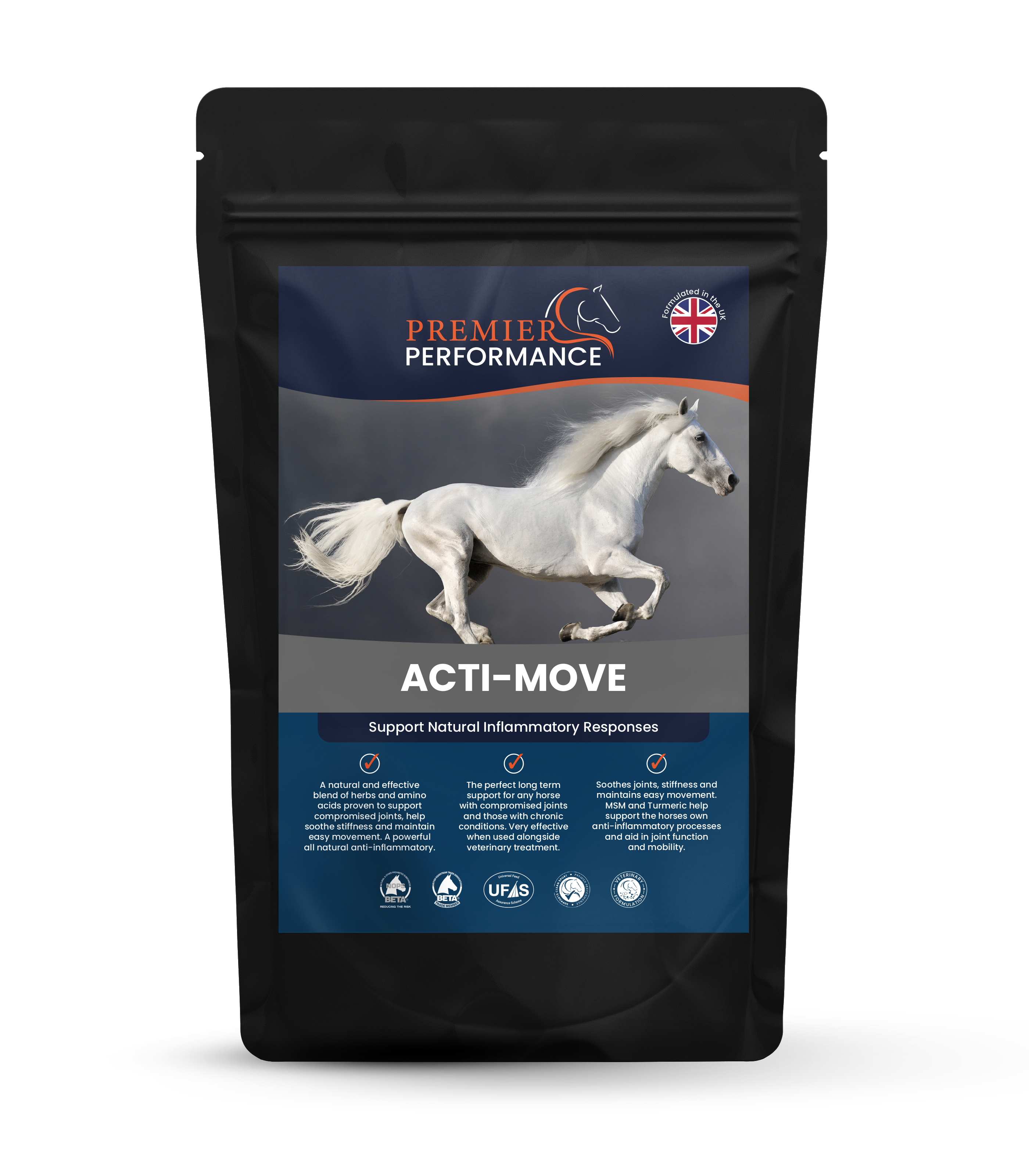 Black package of Premier Performance Acti-Move with a horse on the label