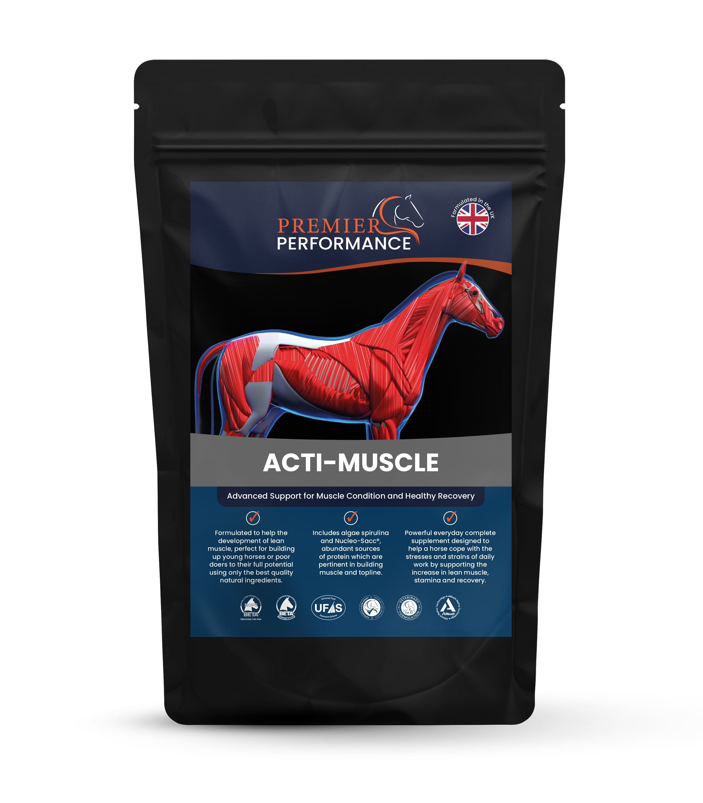 Package of Premier Performance Acti-Muscle for horses on a white background