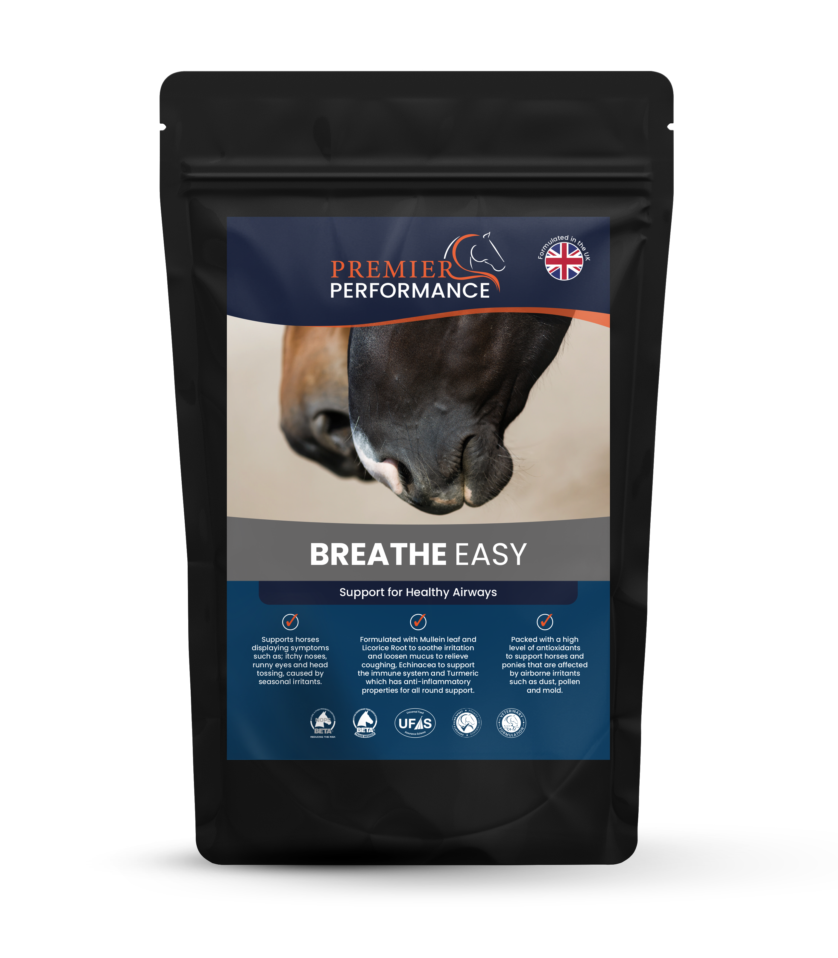 Package of 'Breathe Easy' product for horses by Premium Performance on a white background
