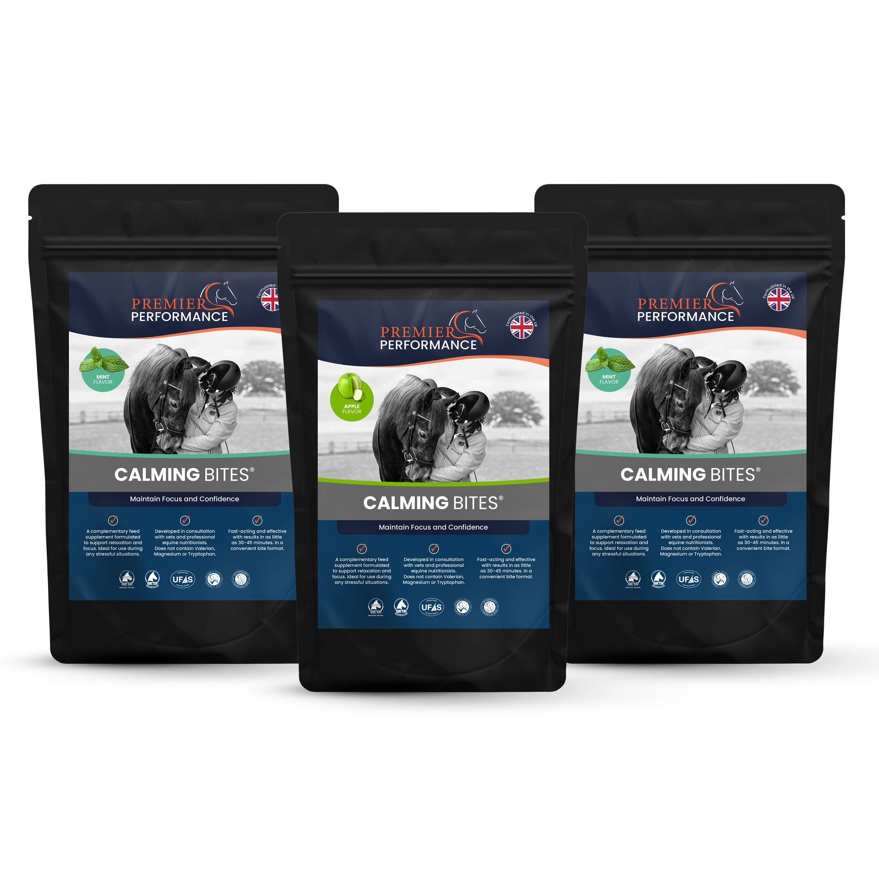 Three packages of 'Herbal Performance' calming bites for horses on a white background