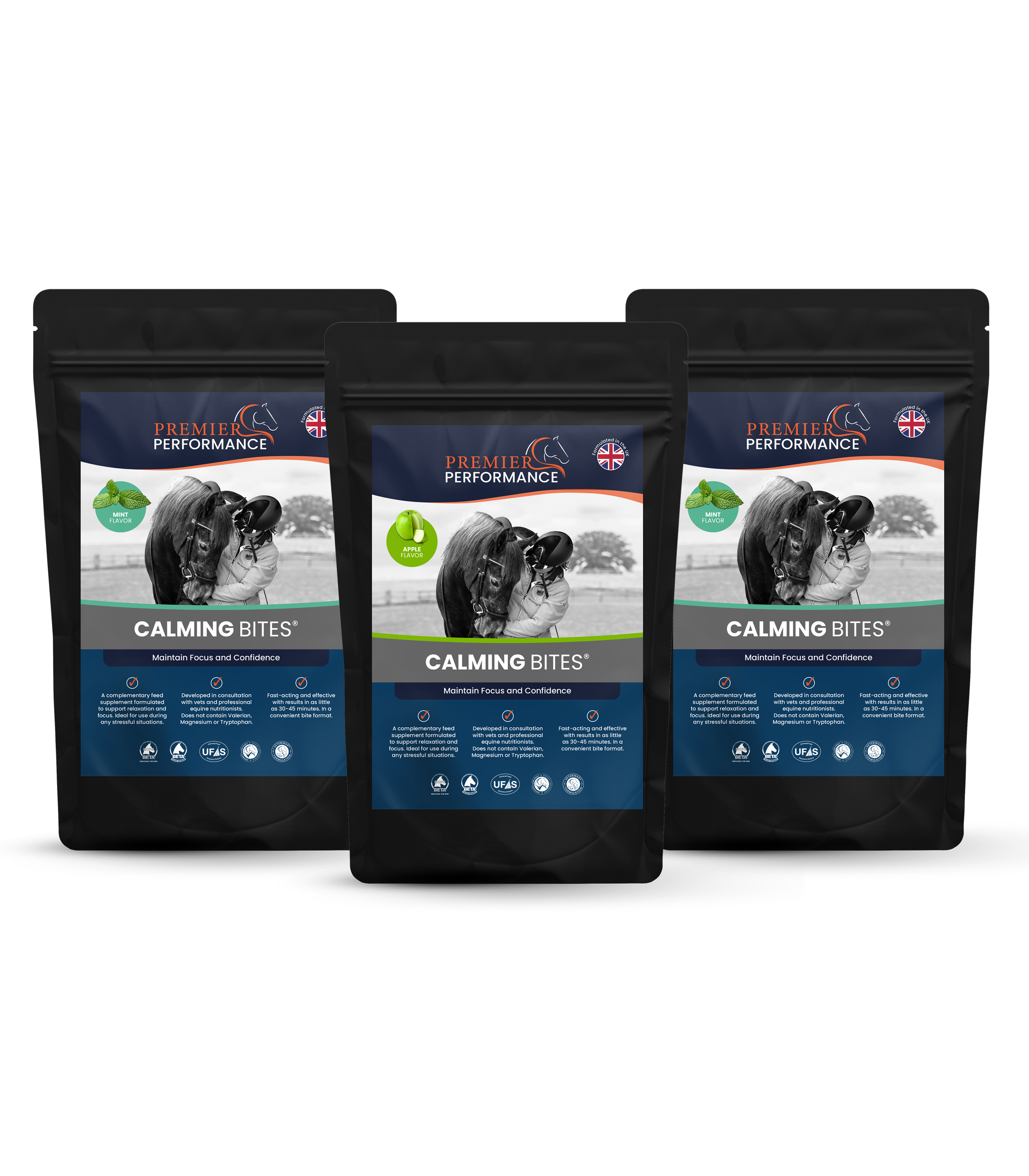 Three packages of 'Herbal Performance' calming bites for horses on a white background