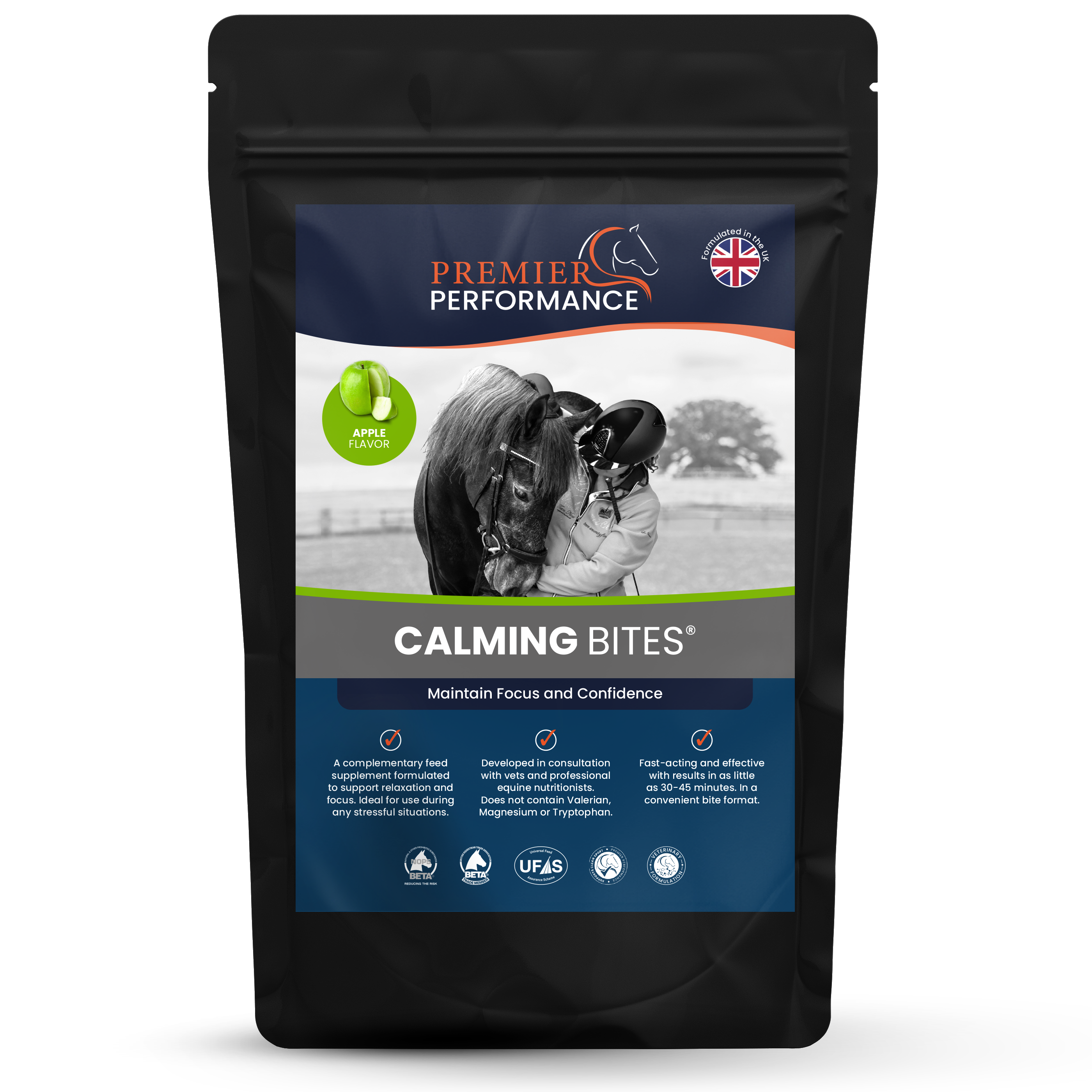 Package of Premier Performance Calming Bites for horses on a white background