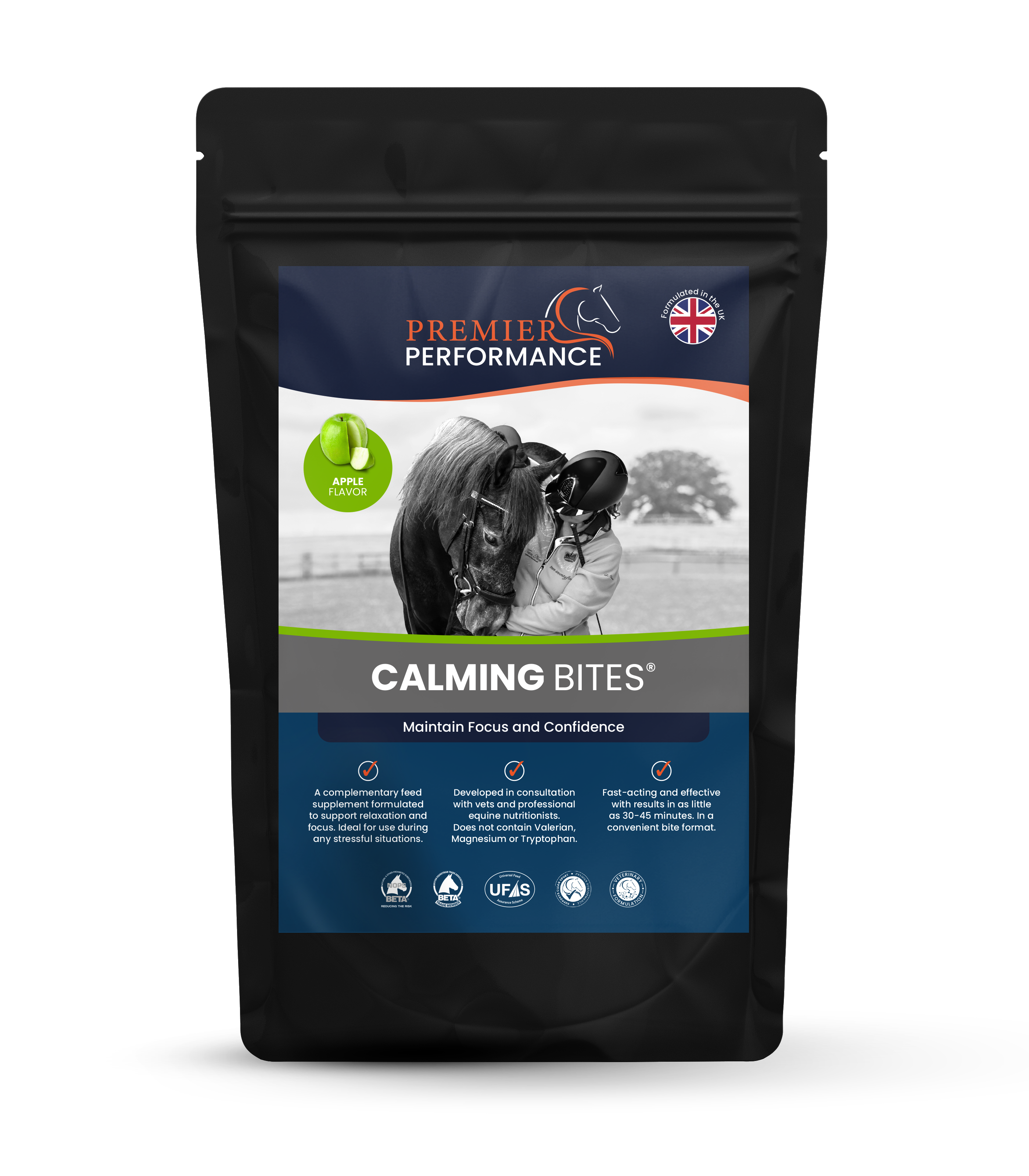 Package of Premier Performance Calming Bites for horses on a white background