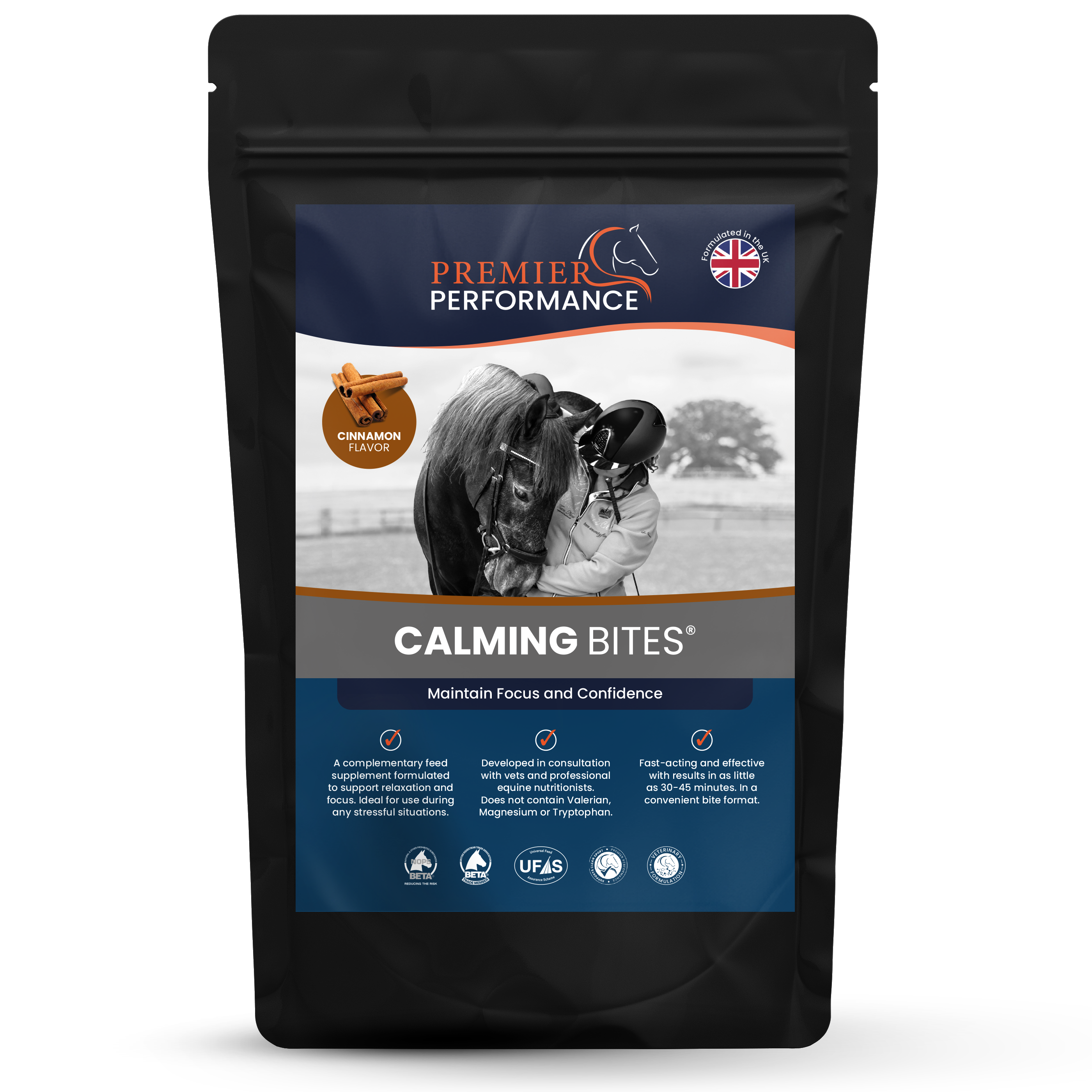 Package of Premier Performance Calming Bites for horses on a white background