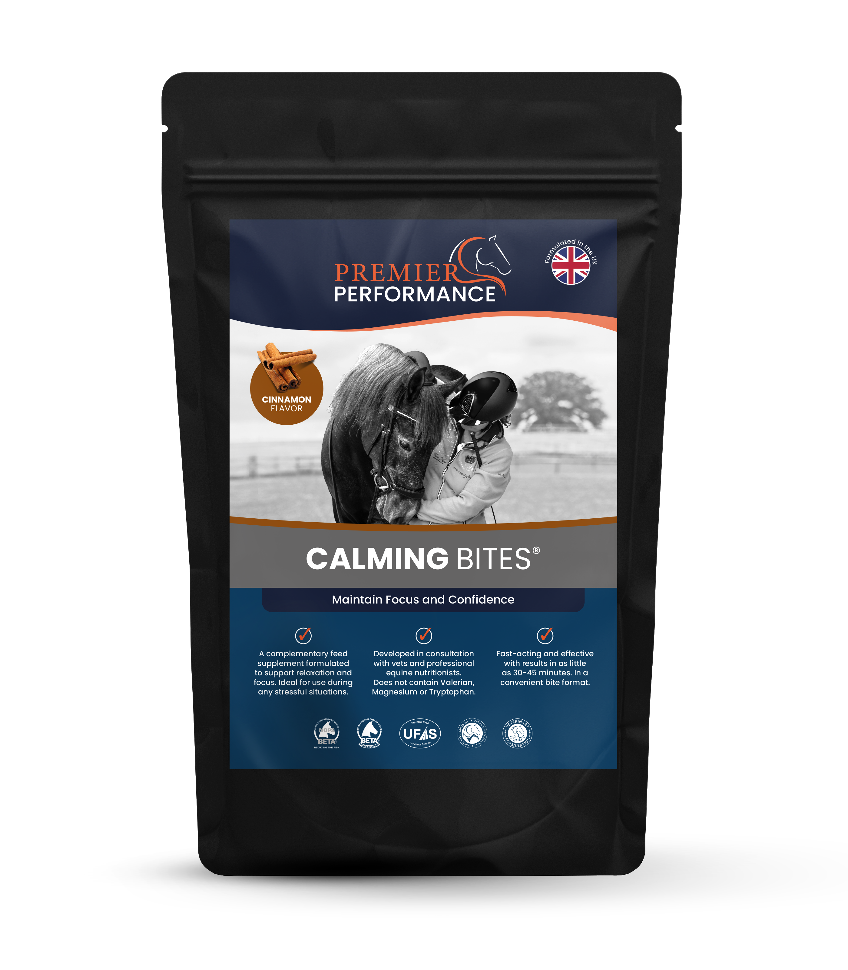 Package of Premier Performance Calming Bites for horses on a white background