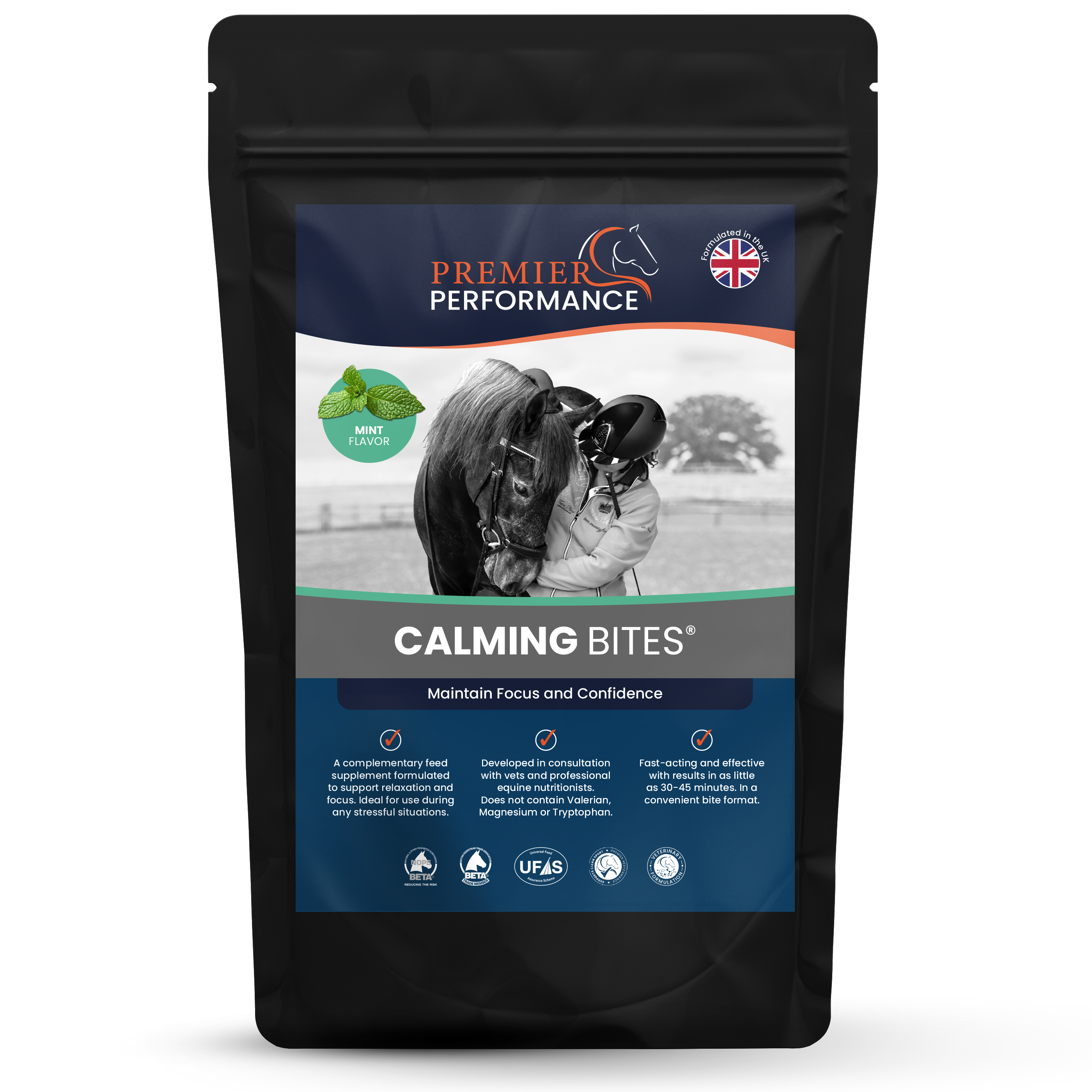 Package of Premier Performance Calming Bites for horses on a white background
