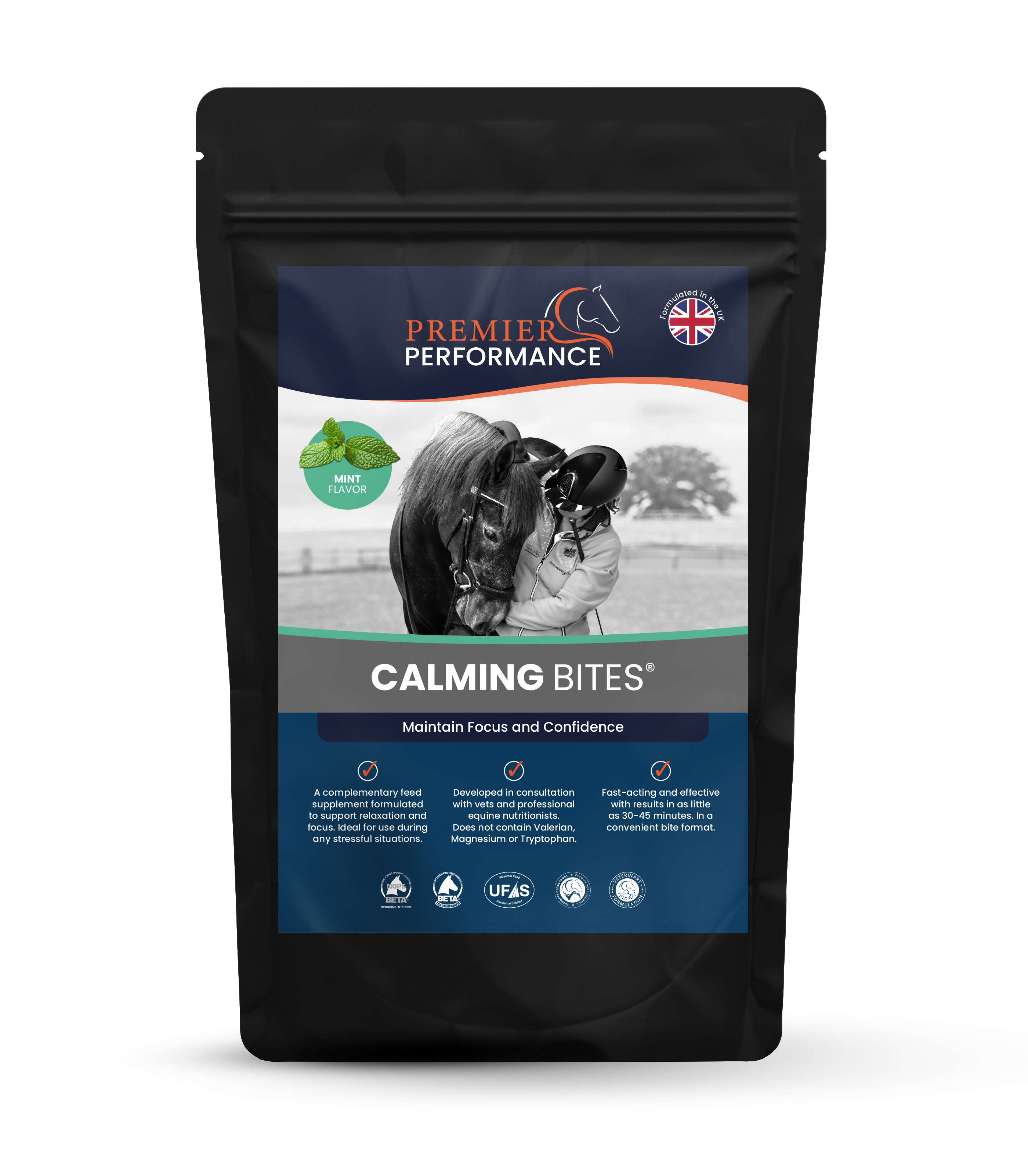 Package of Premier Performance Calming Bites for horses on a white background