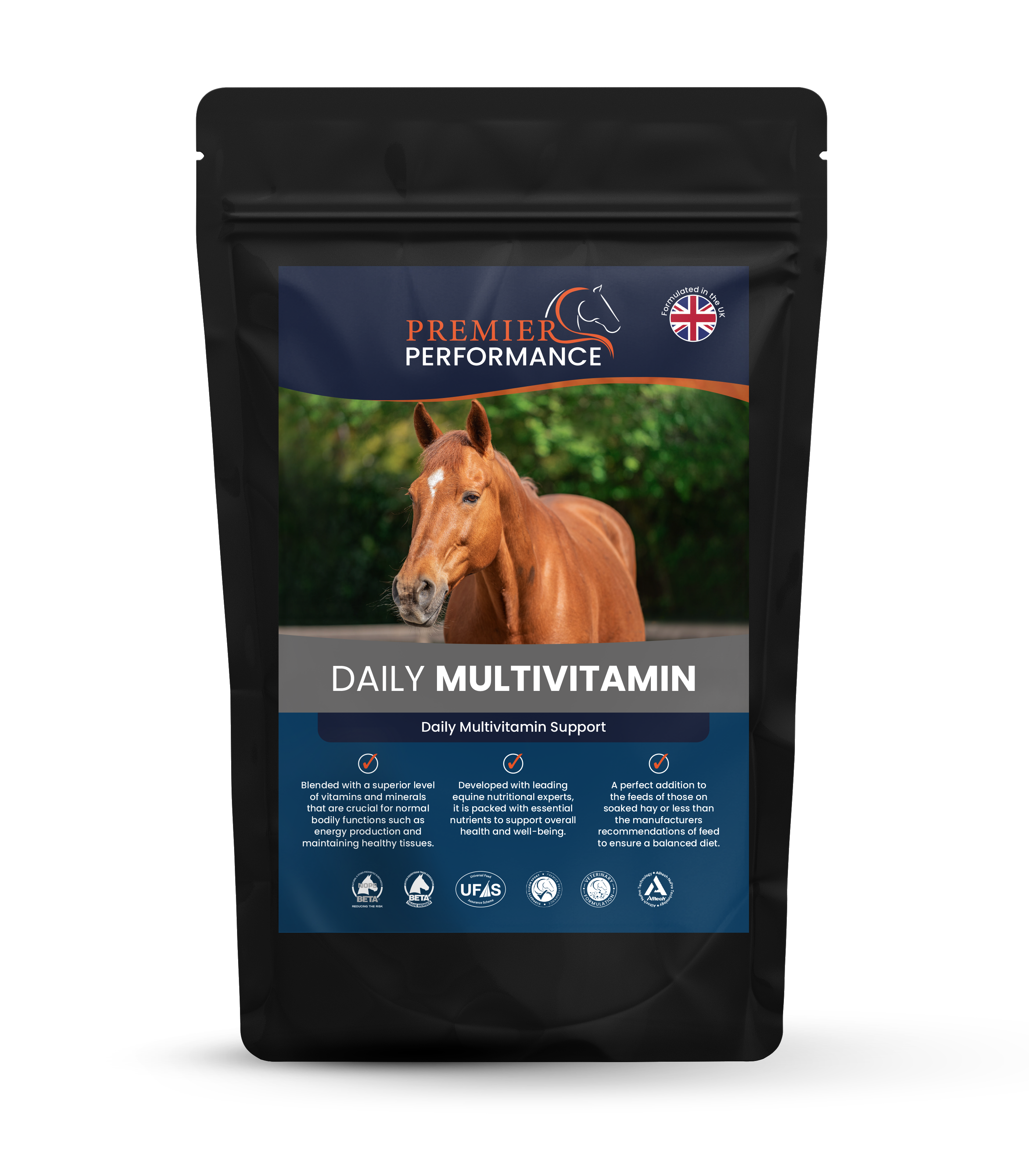 Package of Daily Multivitamin for horses by Premier Performance on a white background