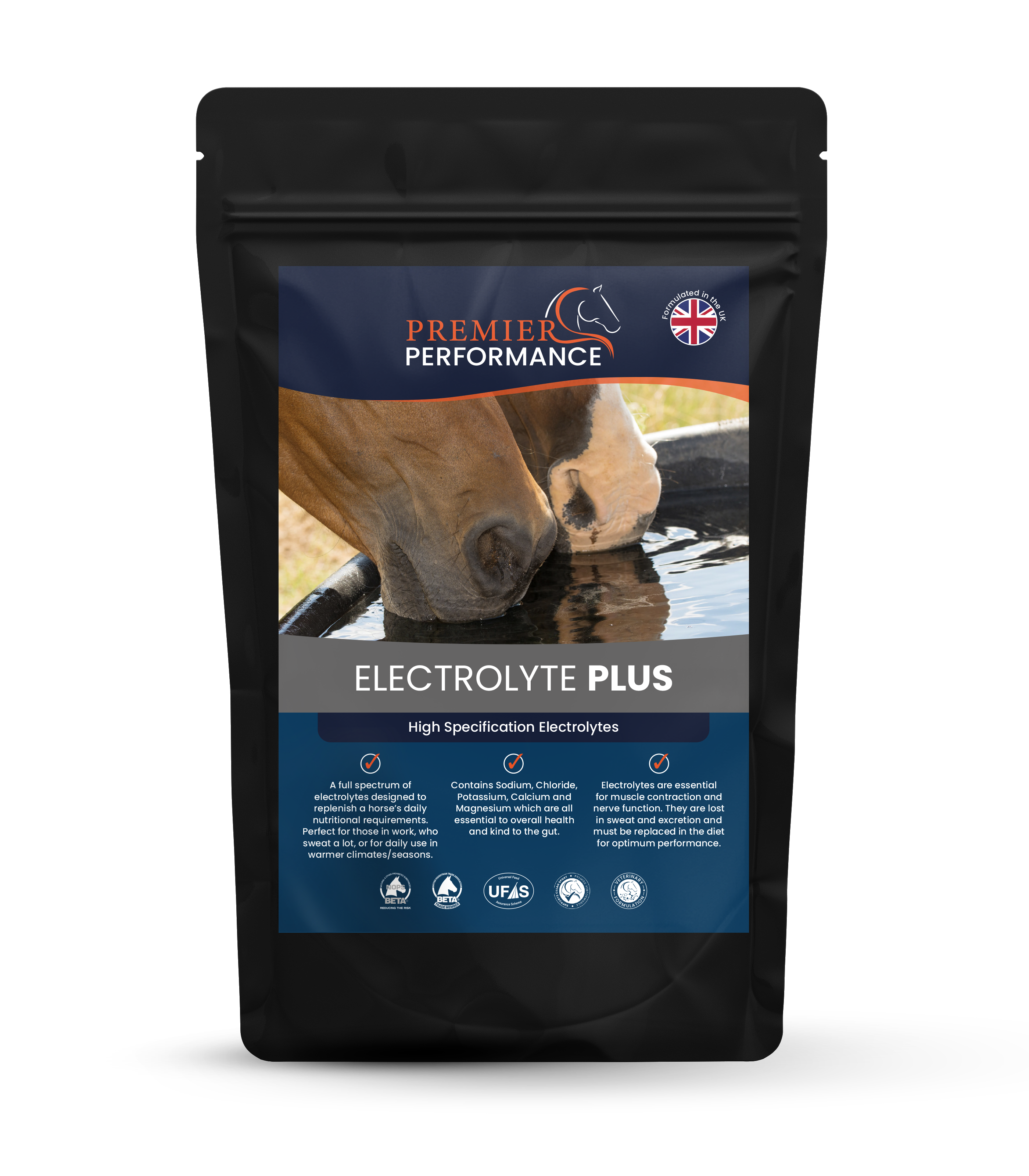 Package of Premier Performance Electrolyte Plus for horses on a white background