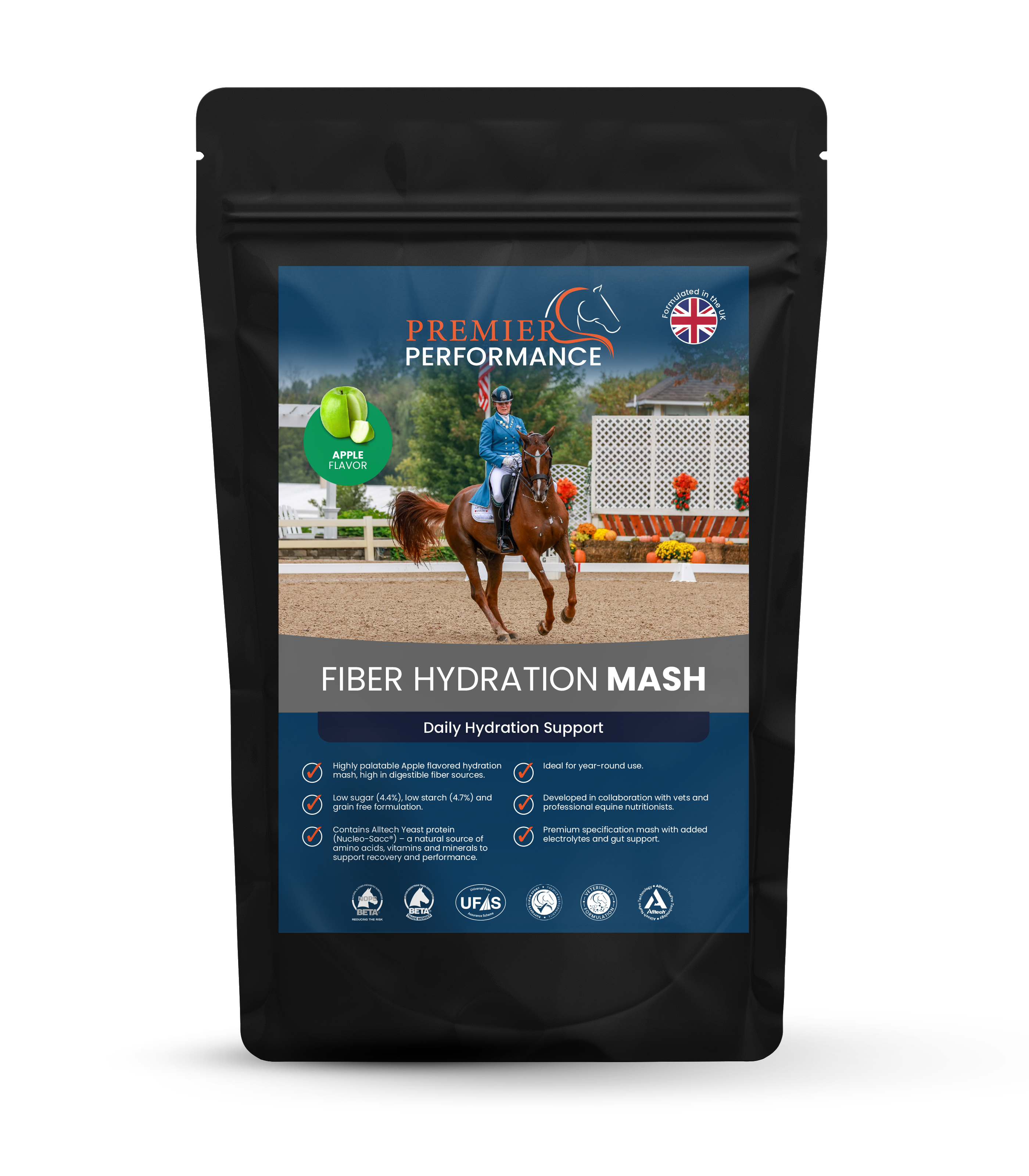 Package of Premier Performance Fiber Hydration Mash for horses on a white background