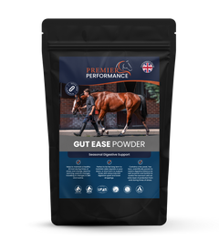 Package of Premier Performance Gut Ease Powder for horses on a white background