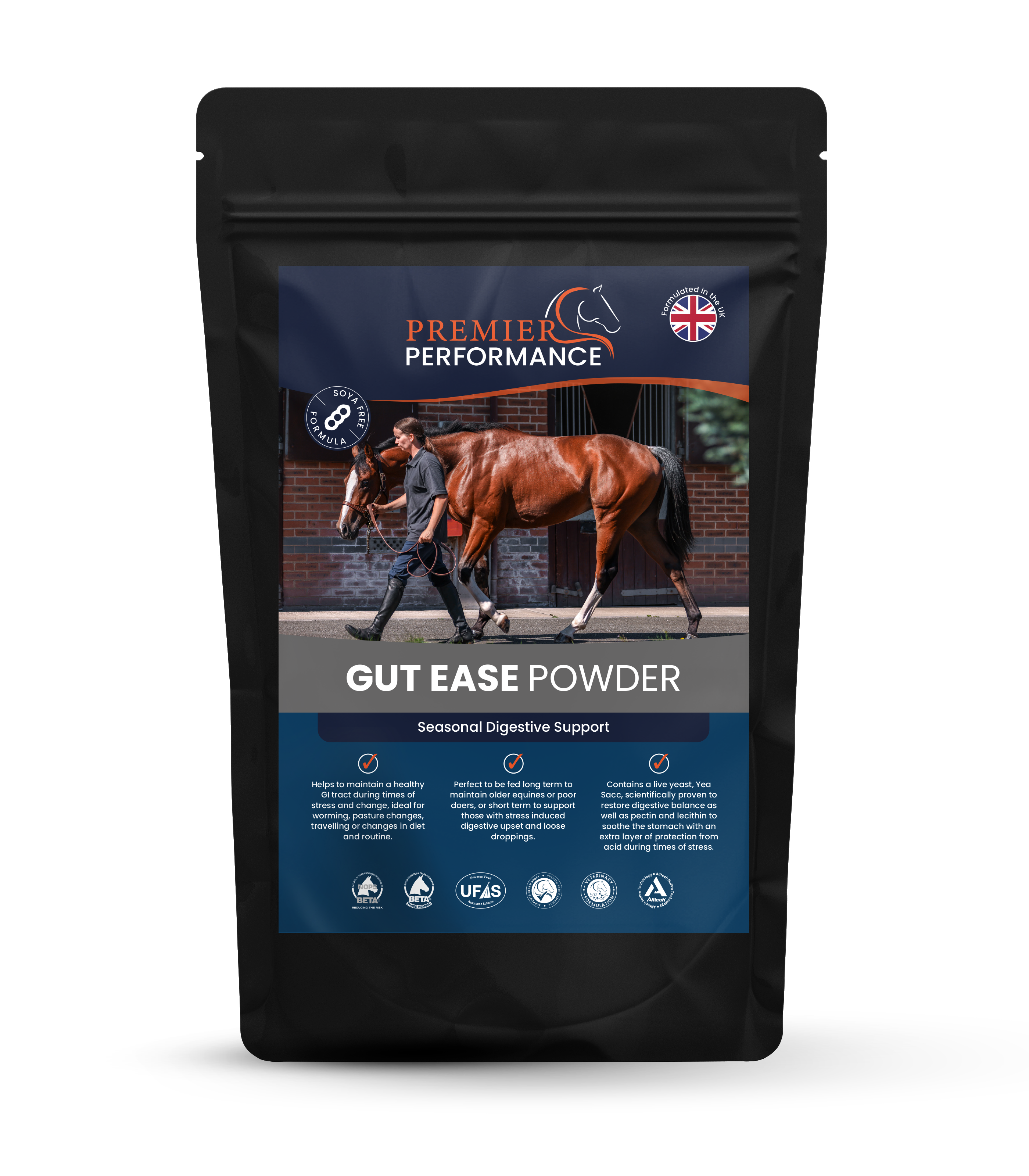 Package of Premier Performance Gut Ease Powder for horses on a white background