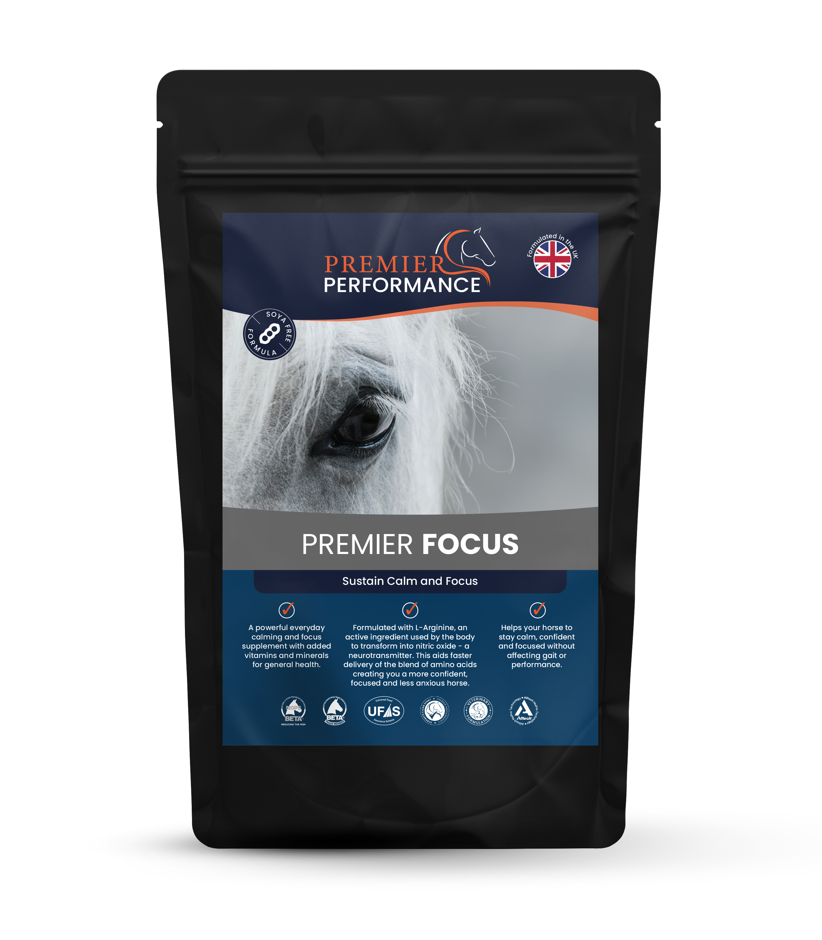 Premier Performance Premier Focus product packaging for horses on a white background