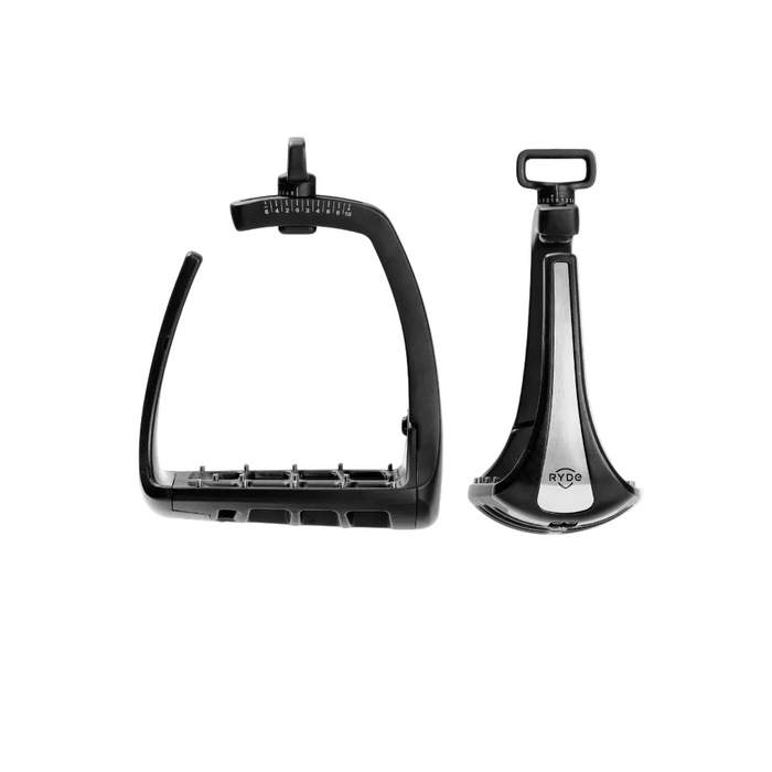 Pair of black equestrian stirrups on a white background