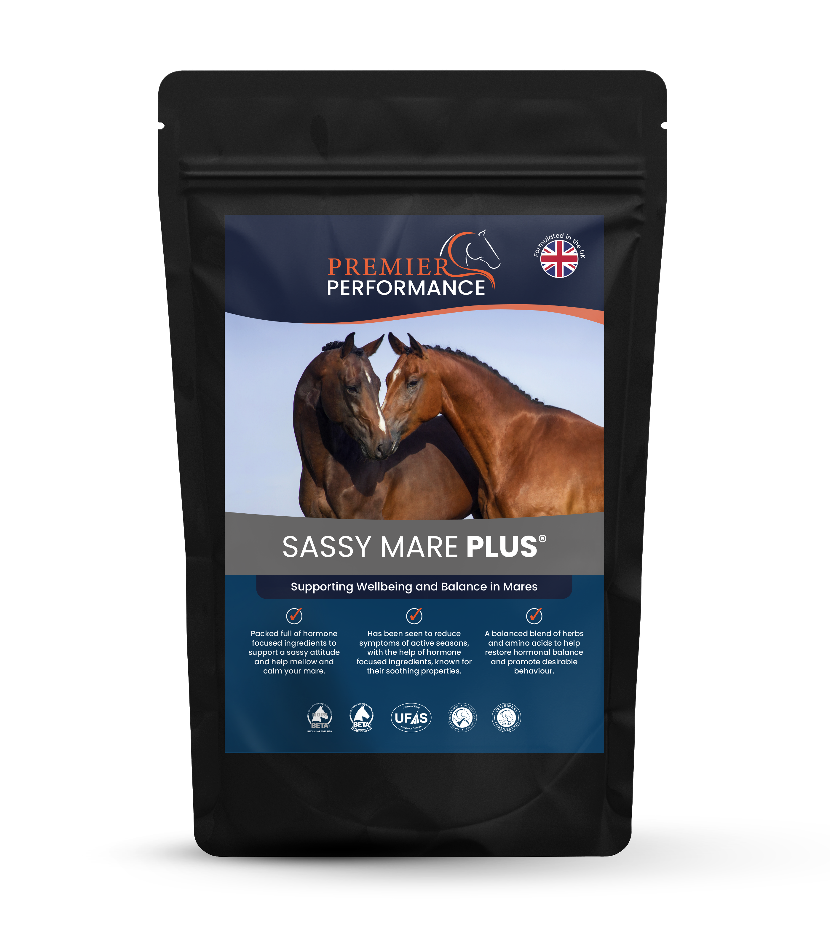 Package of Sassy Mare Plus for horses by Premier Performance on a white background