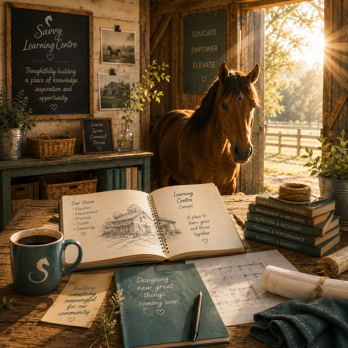 Horse in a barn with books, a notebook, and a mug on a table.
