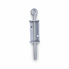 Metal spring-loaded hook on a beige surface