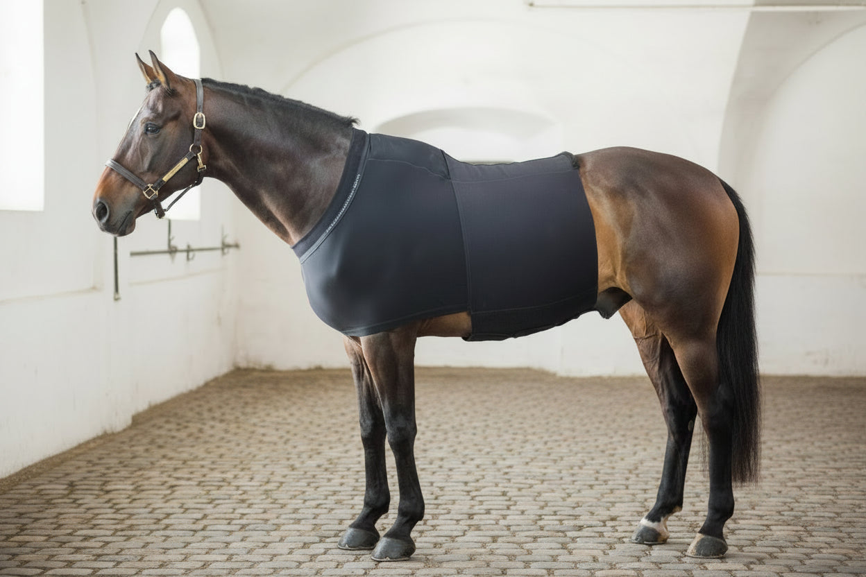 A horse wearing a black recovery hernia belt stable.