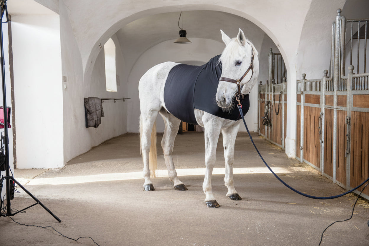 Grey horse wearing recovery belt by vetoflex