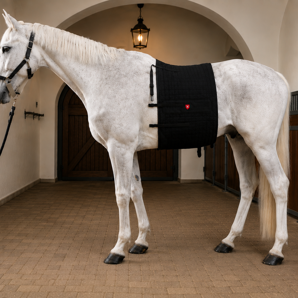 White horse standing in a stable with a Vetoflex belt.