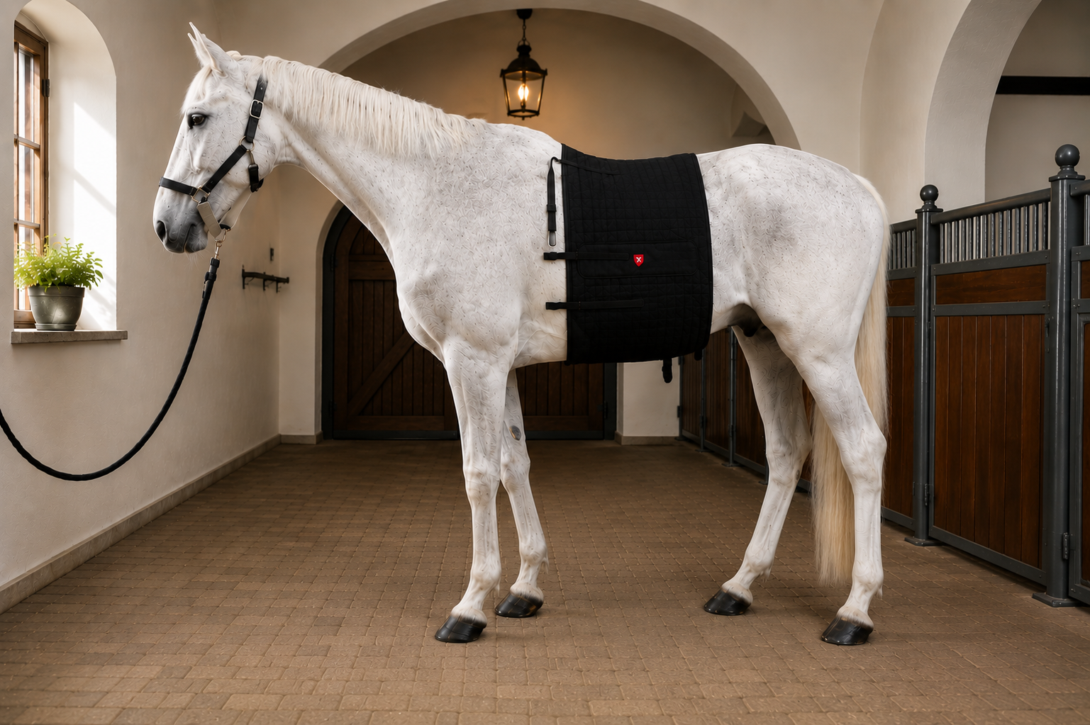 White horse standing in a stable with a Vetoflex belt.